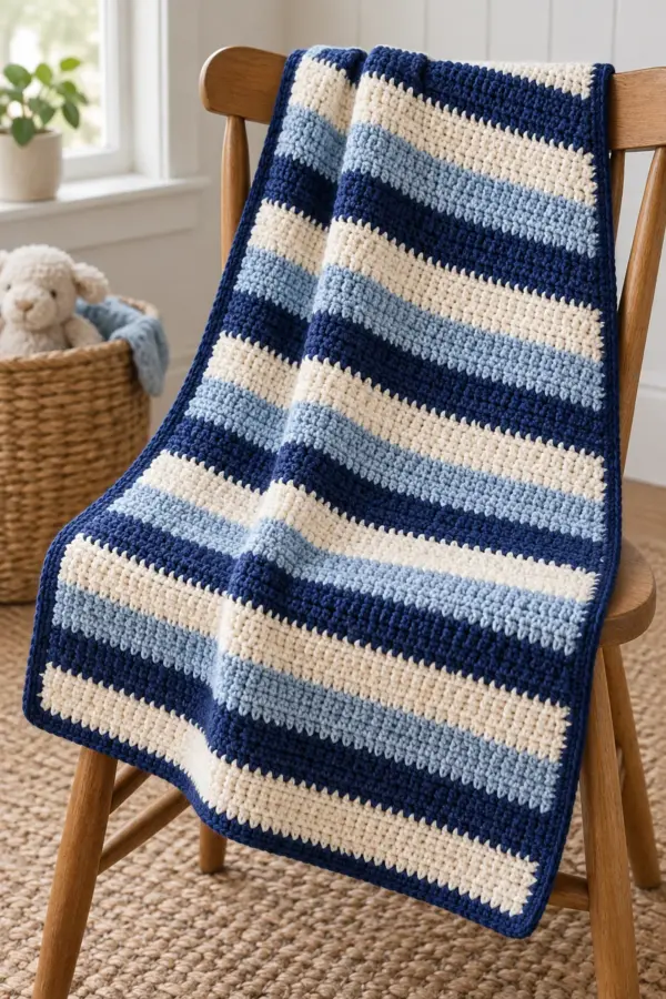 Finished warm-cream deep-indigo and mist-blue striped crochet baby blanket with narrow indigo border