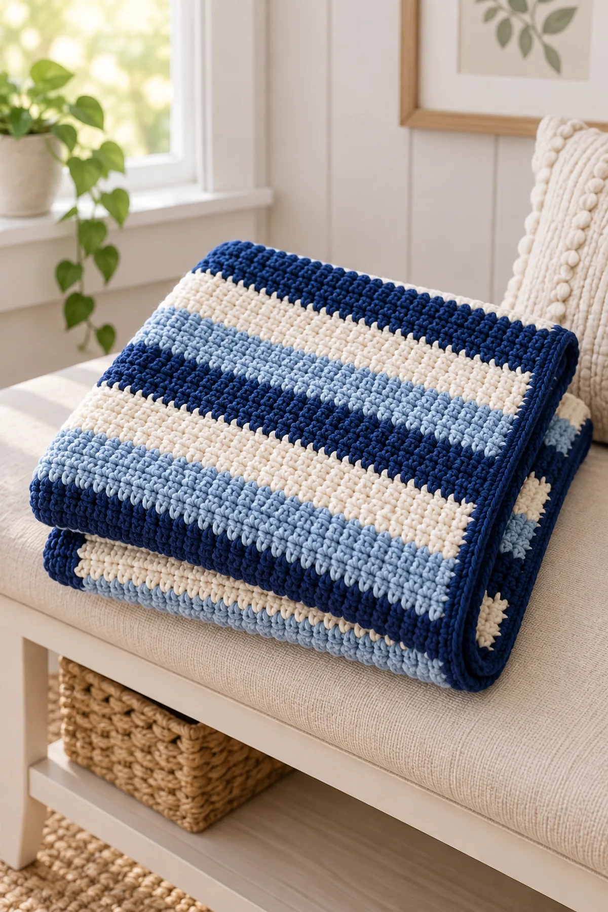 Finished indigo shoreline baby blanket folded on a pale nursery bench without a baby or crib
