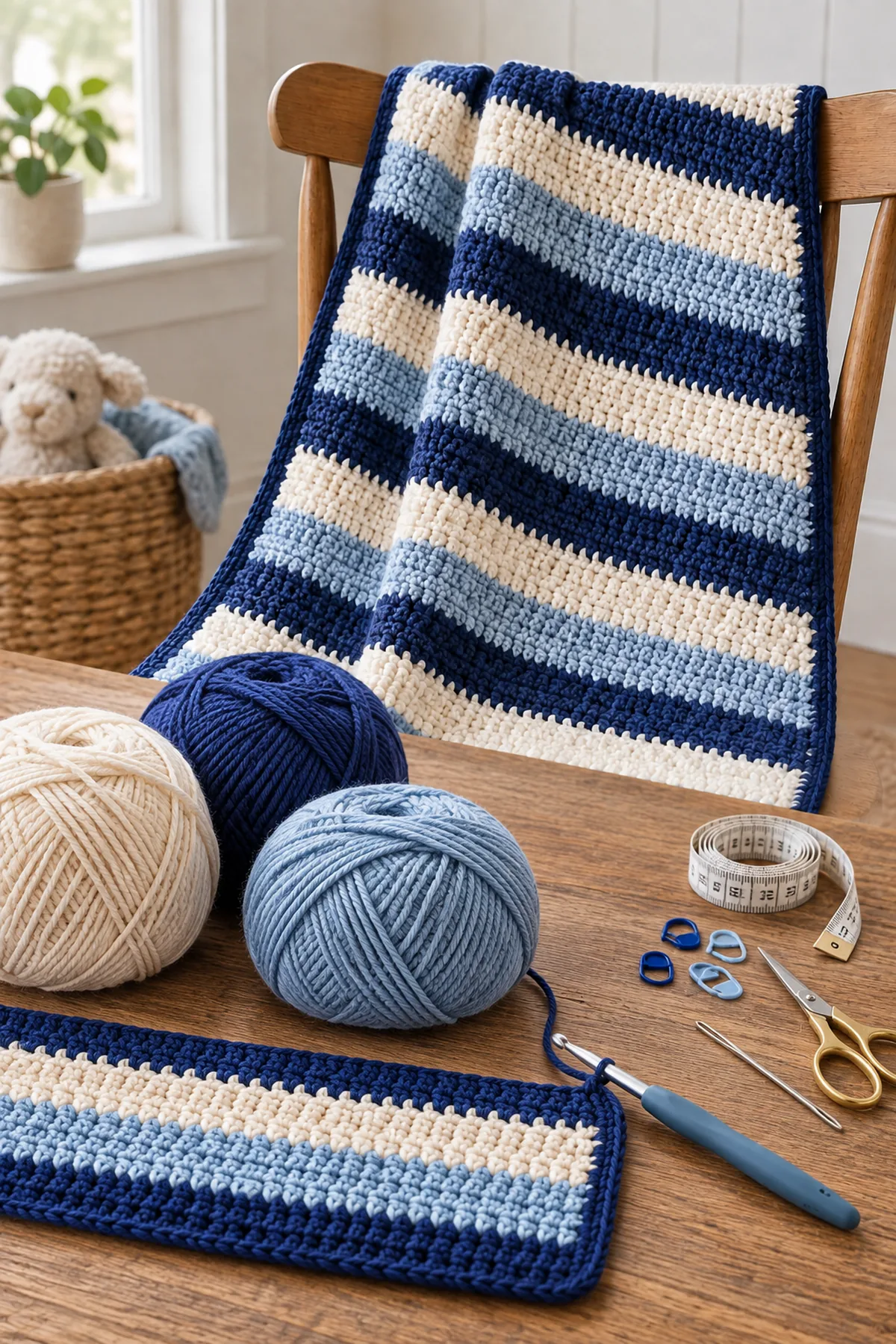 Warm-cream indigo and mist-blue DK yarn, 4.5 mm hook, markers, tape measure, needle, and scissors