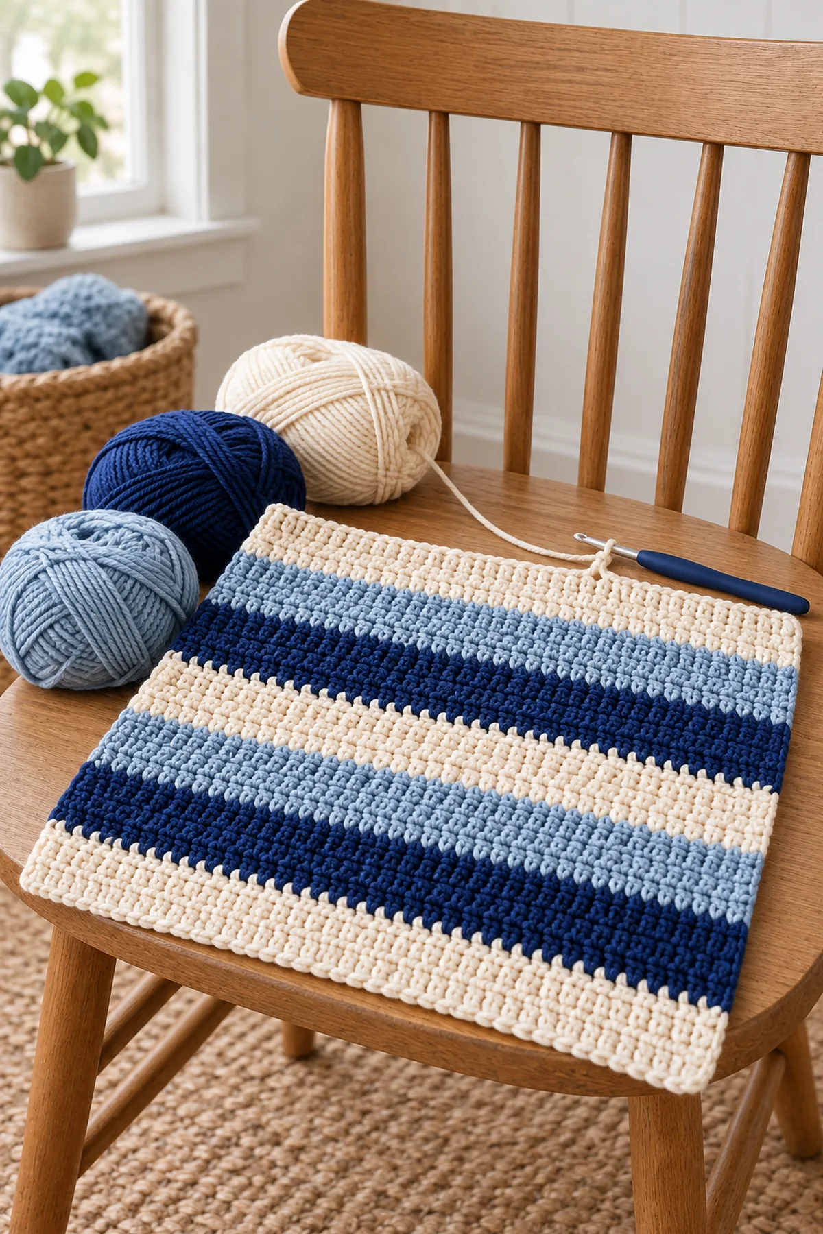 Early 90-stitch baby blanket with the first cream indigo and mist-blue shoreline bands