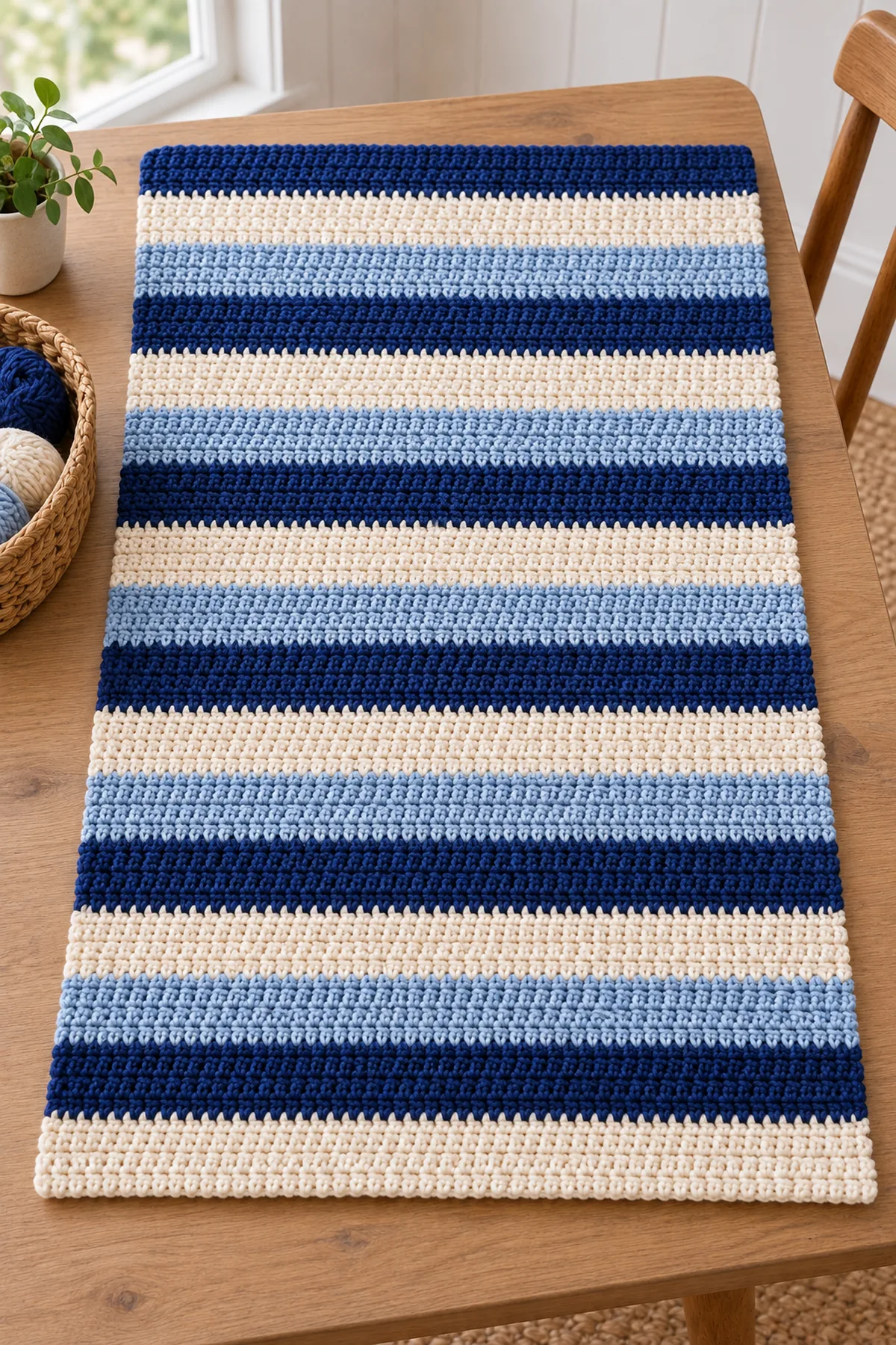Completed nautical striped blanket rectangle before the indigo border
