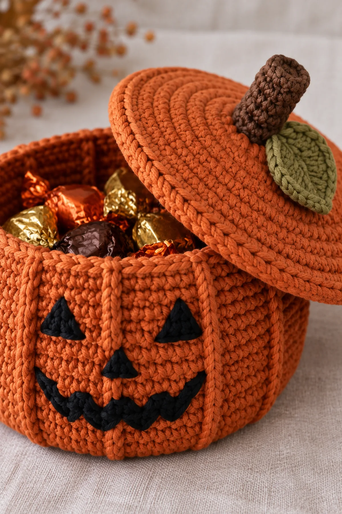 Close view of small olive crochet leaf and short brown crochet stem permanently sewn to orange lid, with black embroidered jack-o-lantern face on basket beneath