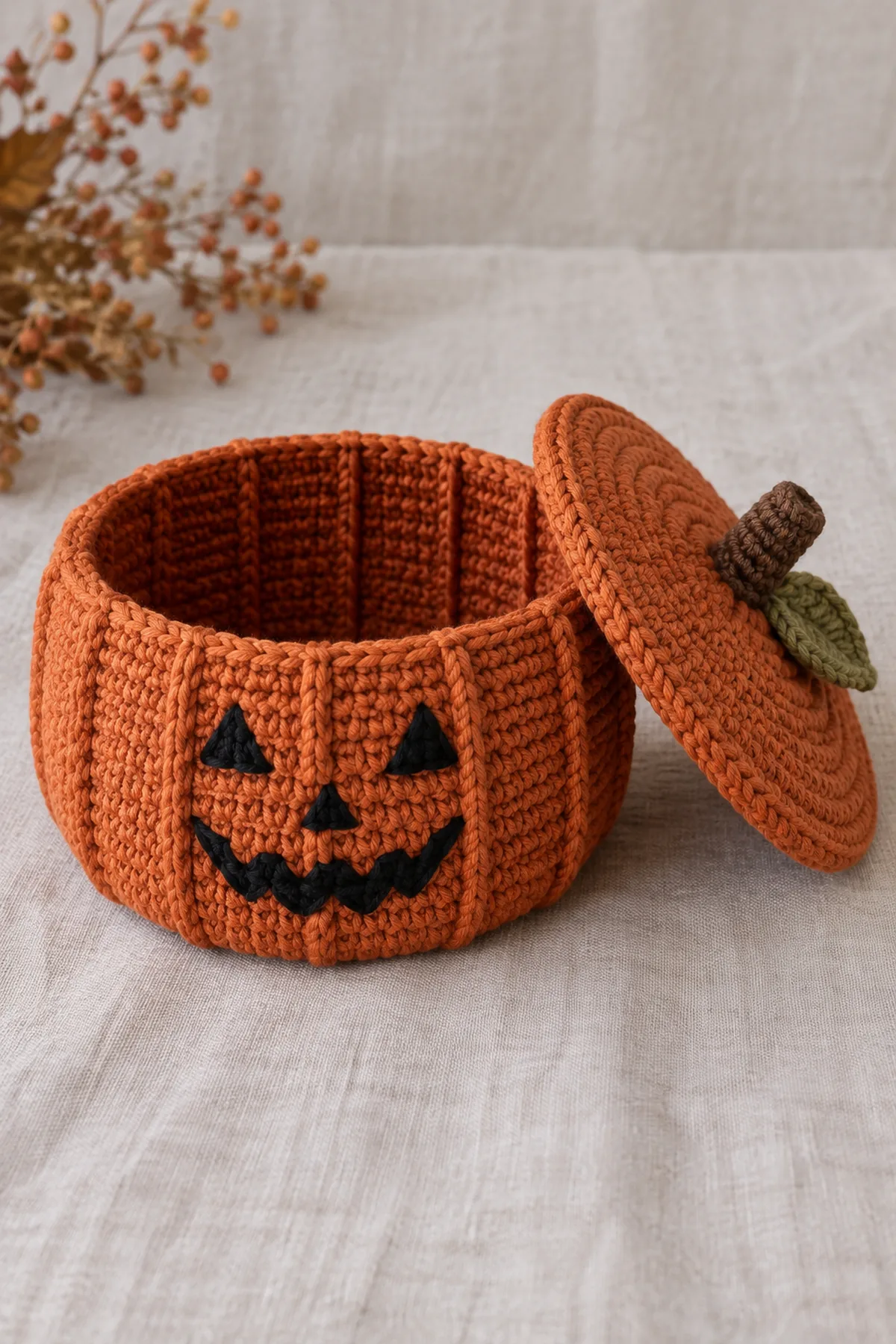 Hollow squat burnt-orange cotton crochet jack-o-lantern candy basket with twelve vertical post-stitch ribs, black embroidered triangular eyes and zigzag smile, separate overhanging orange lid tilted beside it with short brown stem and small olive leaf, open hollow interior clearly visible