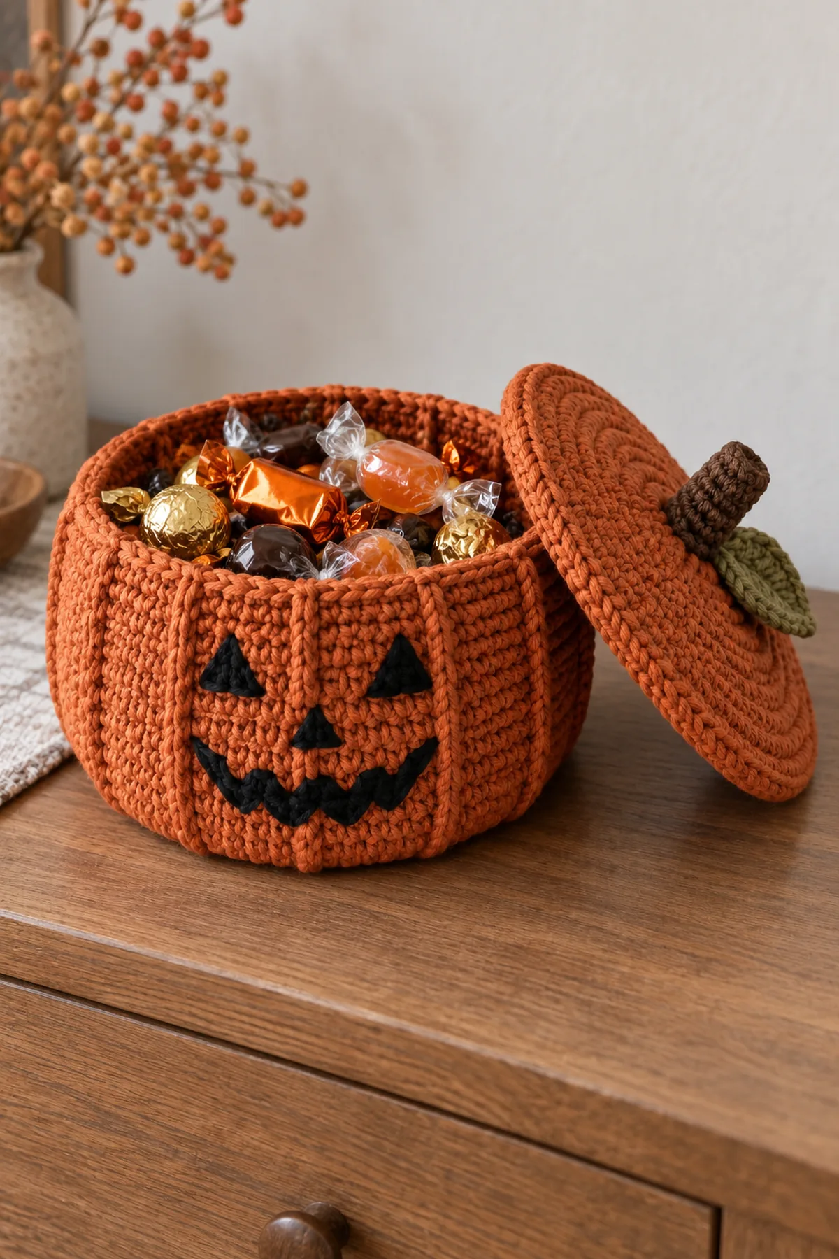 Completed squat ribbed orange jack-o-lantern crochet basket with face, fitted leaf-and-stem lid resting beside it, holding only individually wrapped sweets on a plain sideboard, no candles