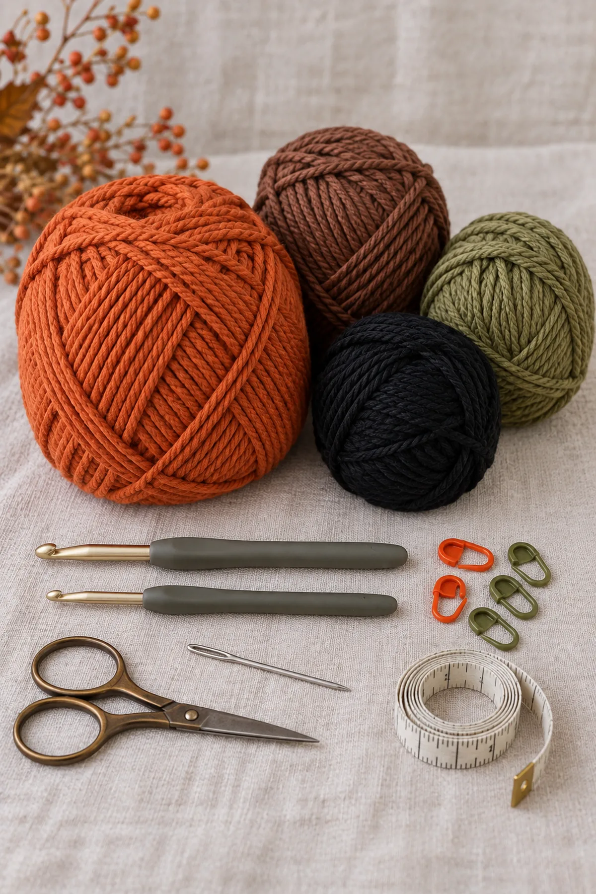 Burnt orange, brown, olive and black worsted cotton, 4.5 mm and 4 mm hooks, markers, yarn needle, scissors and tape measure