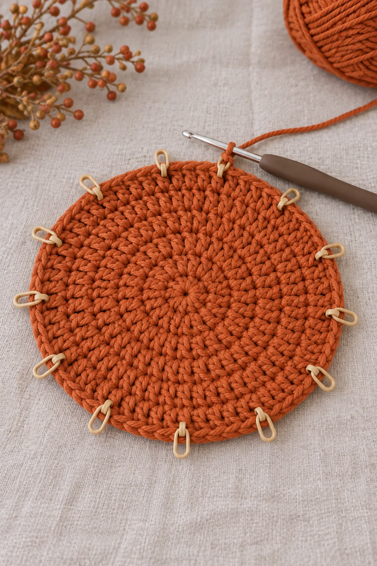 Flat circular burnt-orange double-crochet basket base after six joined rounds, 72 outer stitches, no walls yet, twelve segment markers