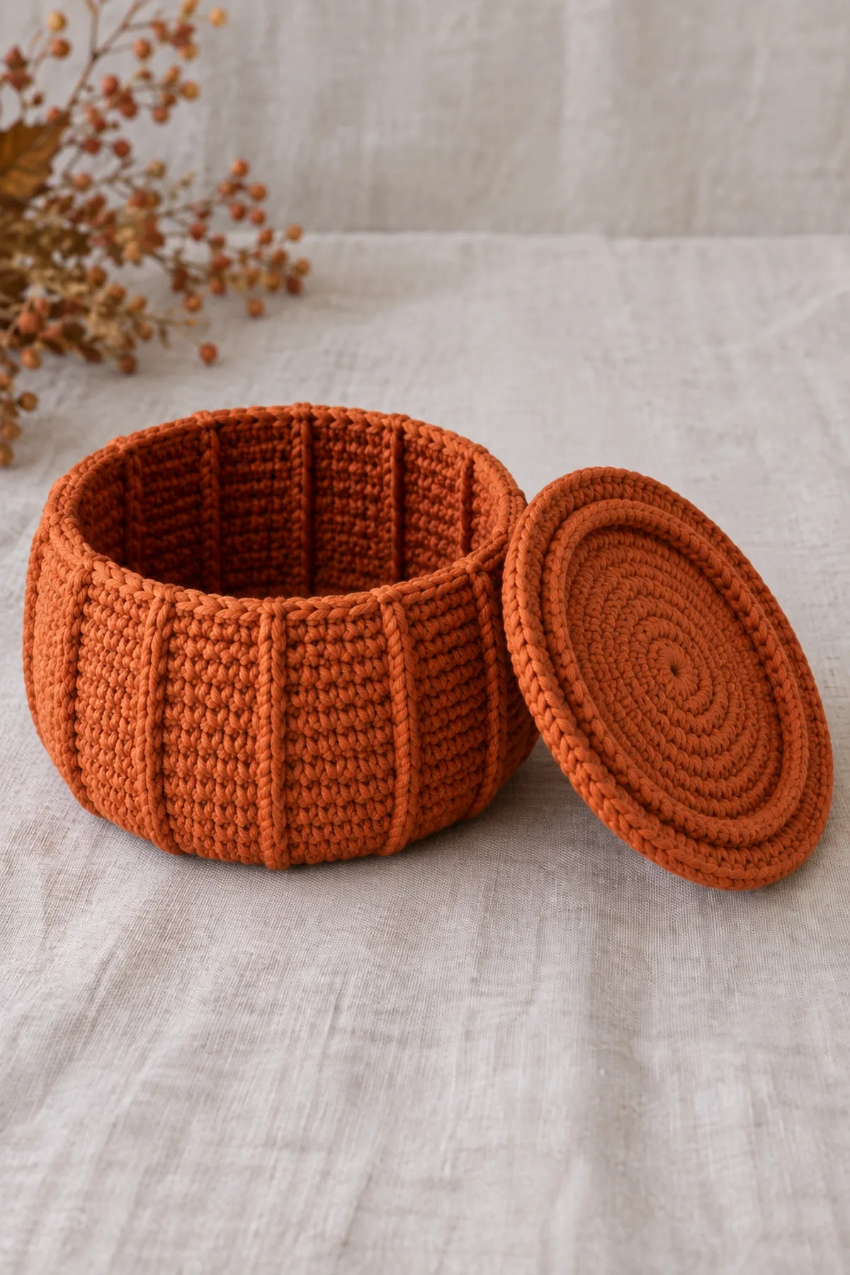 Unembroidered hollow burnt-orange ribbed crochet basket beside an upside-down round lid showing the smaller concentric centering lip under the overhanging edge, no stem or leaf yet