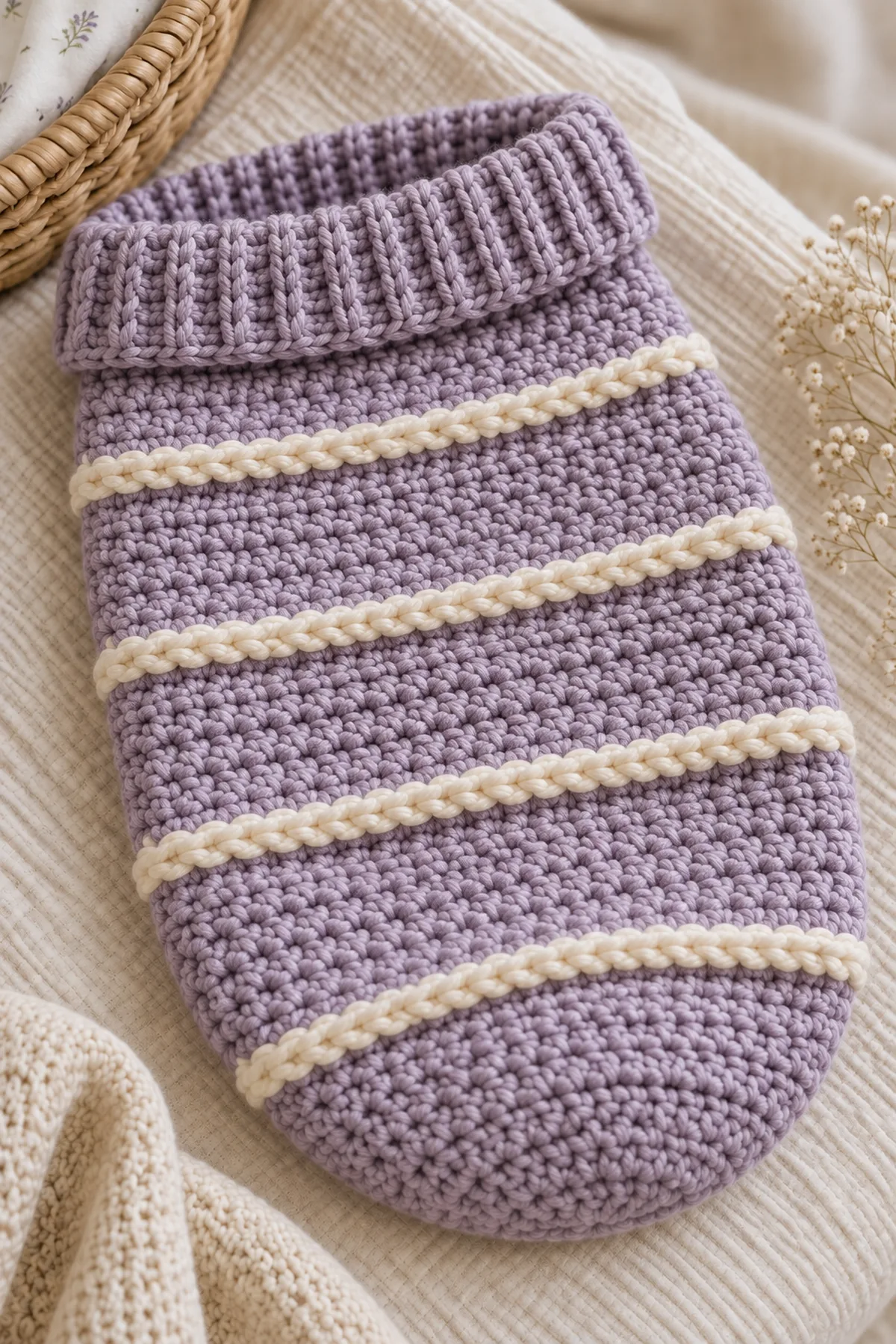 Close view of lavender half-double crochet, narrow cream surface ridge, flat base seam, and flexible folded ribbing