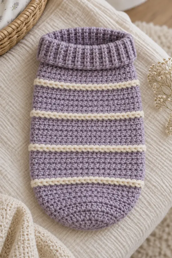 Finished dusty-lavender crochet newborn photo cocoon with four narrow cream ridge rounds and a folded ribbed opening