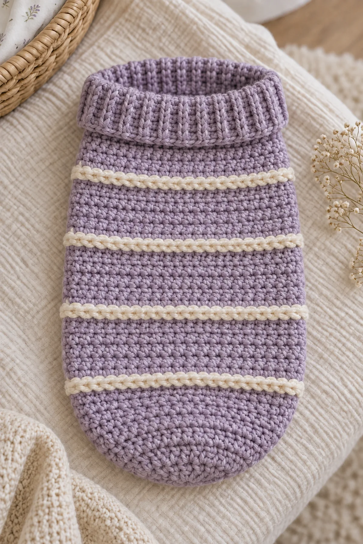 Finished lavender and cream newborn photo cocoon displayed empty on a neutral studio blanket without a baby