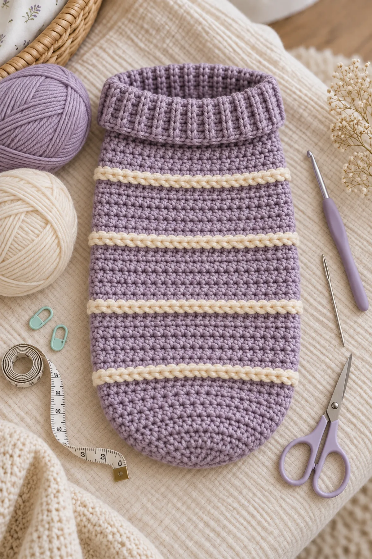 Dusty-lavender and cream washable DK yarn, 4.5 mm hook, two markers, tape measure, needle, and scissors
