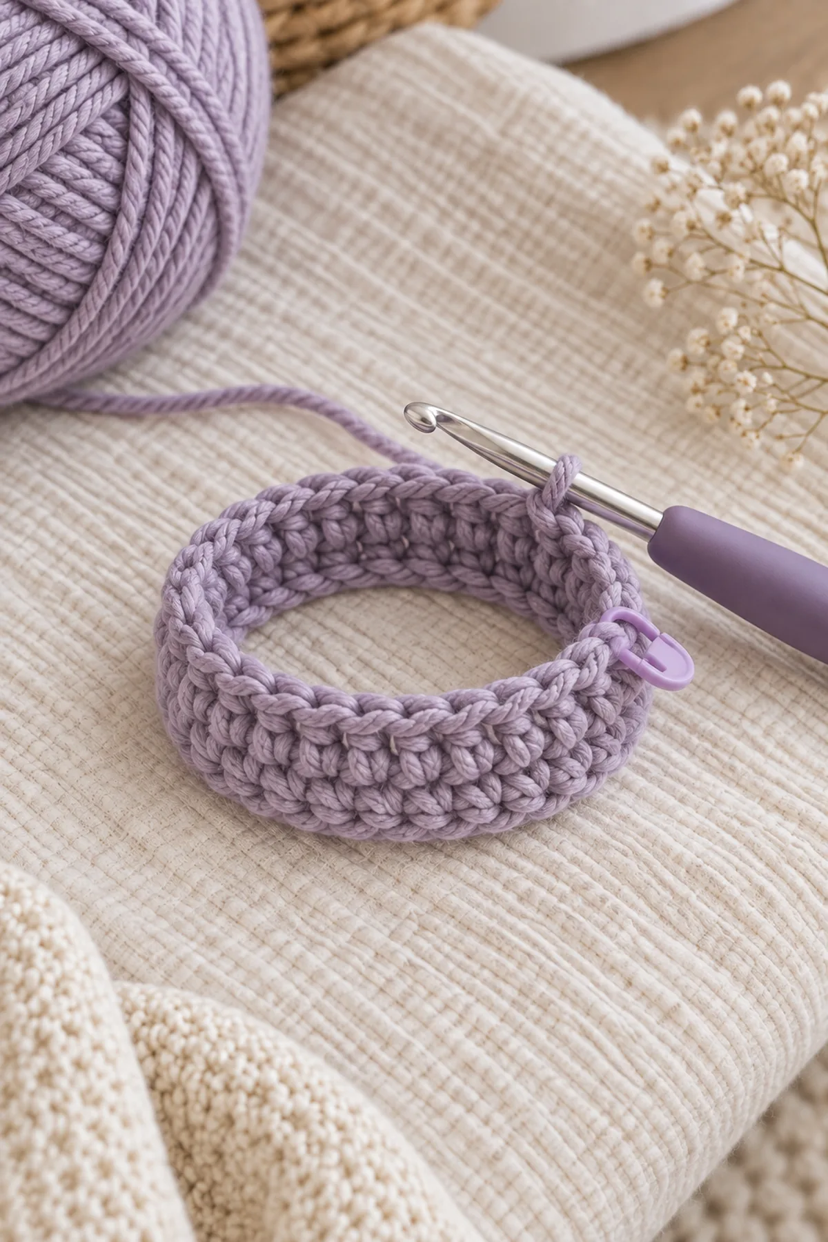 Untwisted 50-stitch dusty-lavender cocoon foundation ring with early half-double-crochet rounds