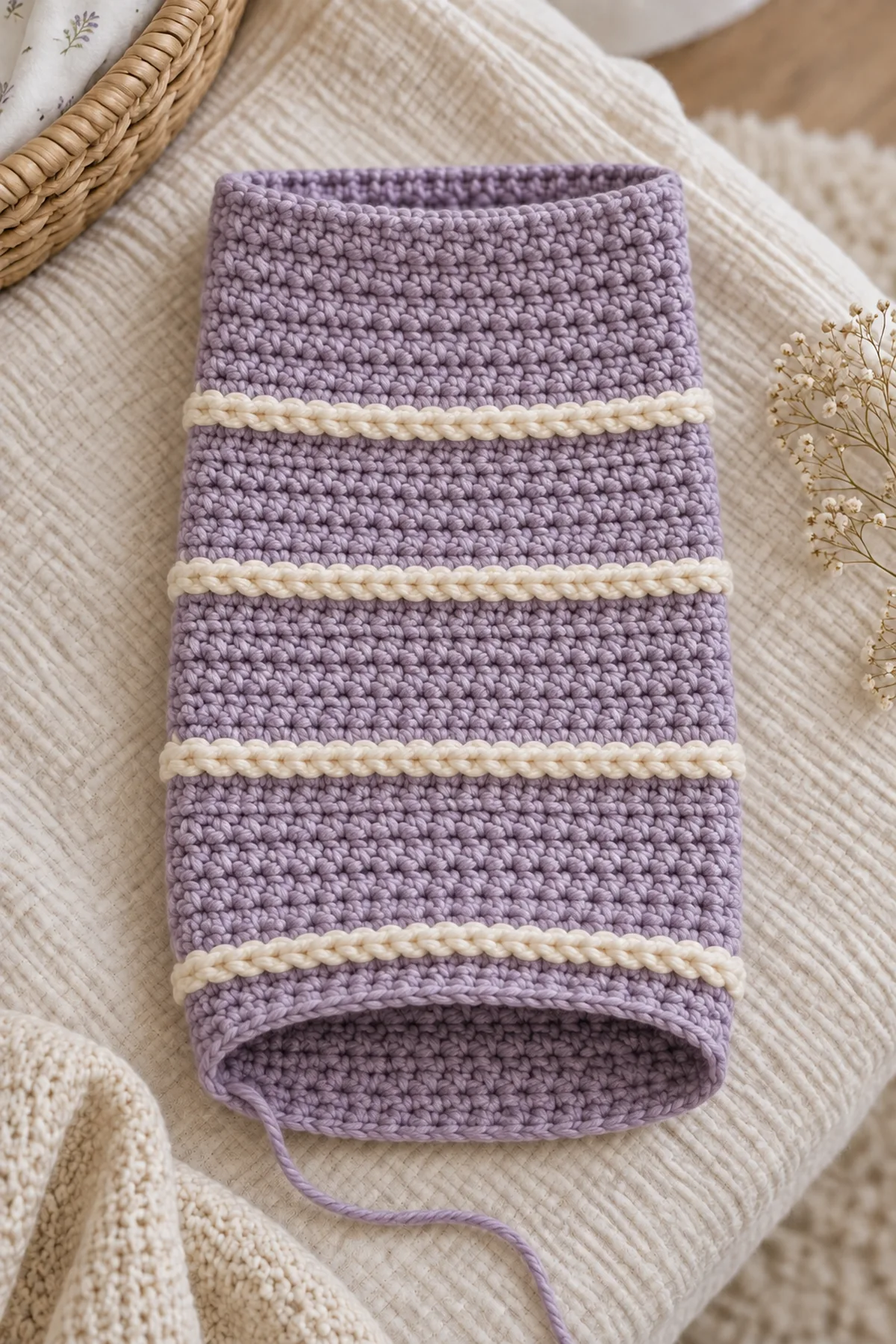 Lavender cocoon tube with four spaced cream surface ridges before the flat lower closure and cuff