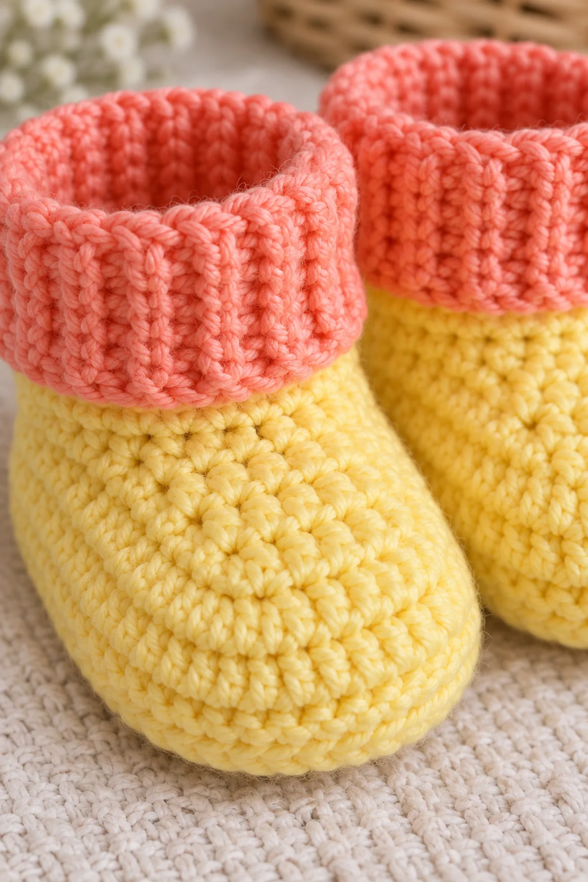 Close view of lemon-yellow toe shaping and stretchy sorbet-coral alternating-loop cuff