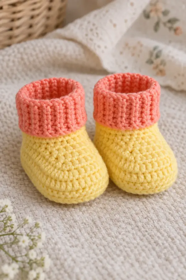 Matched pair of lemon-yellow crochet newborn booties with shaped toes and sorbet-coral ribbed cuffs