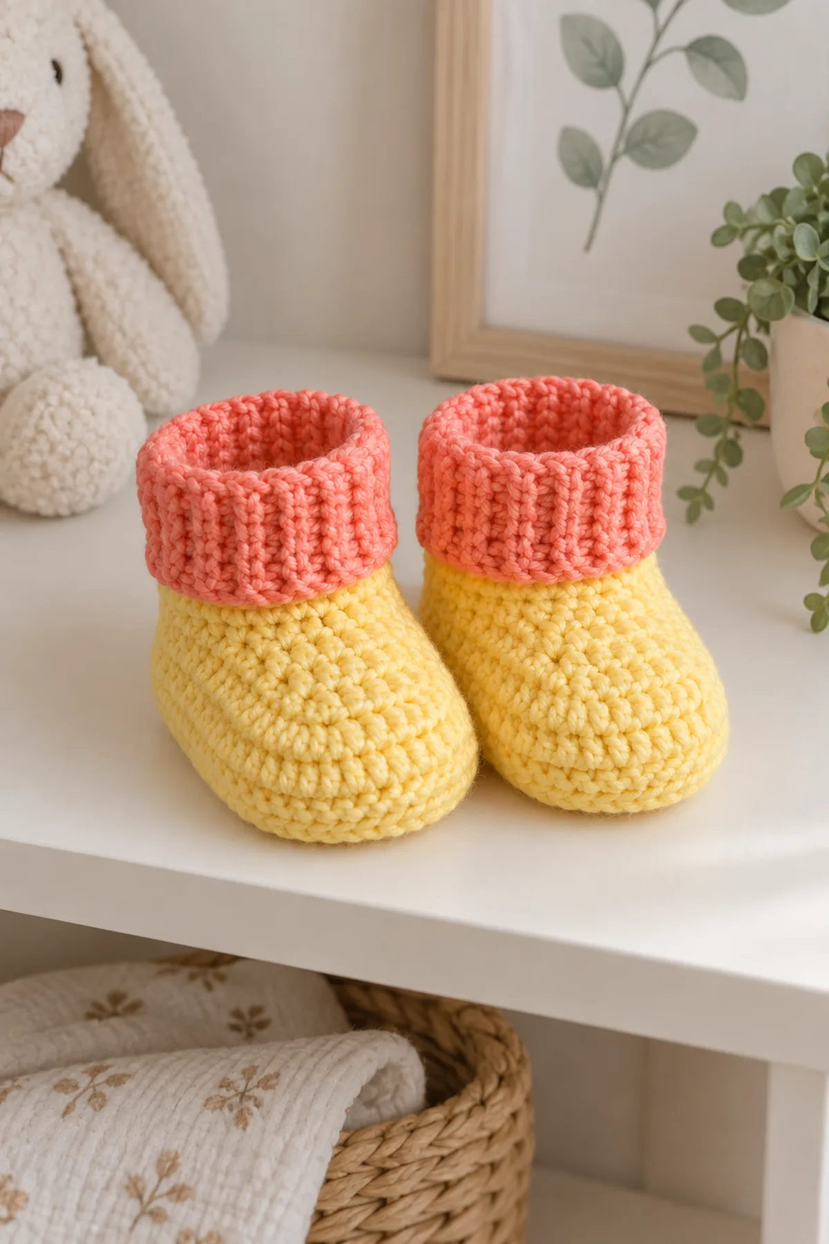 Matched lemon and sorbet newborn booties displayed on a clean neutral nursery shelf