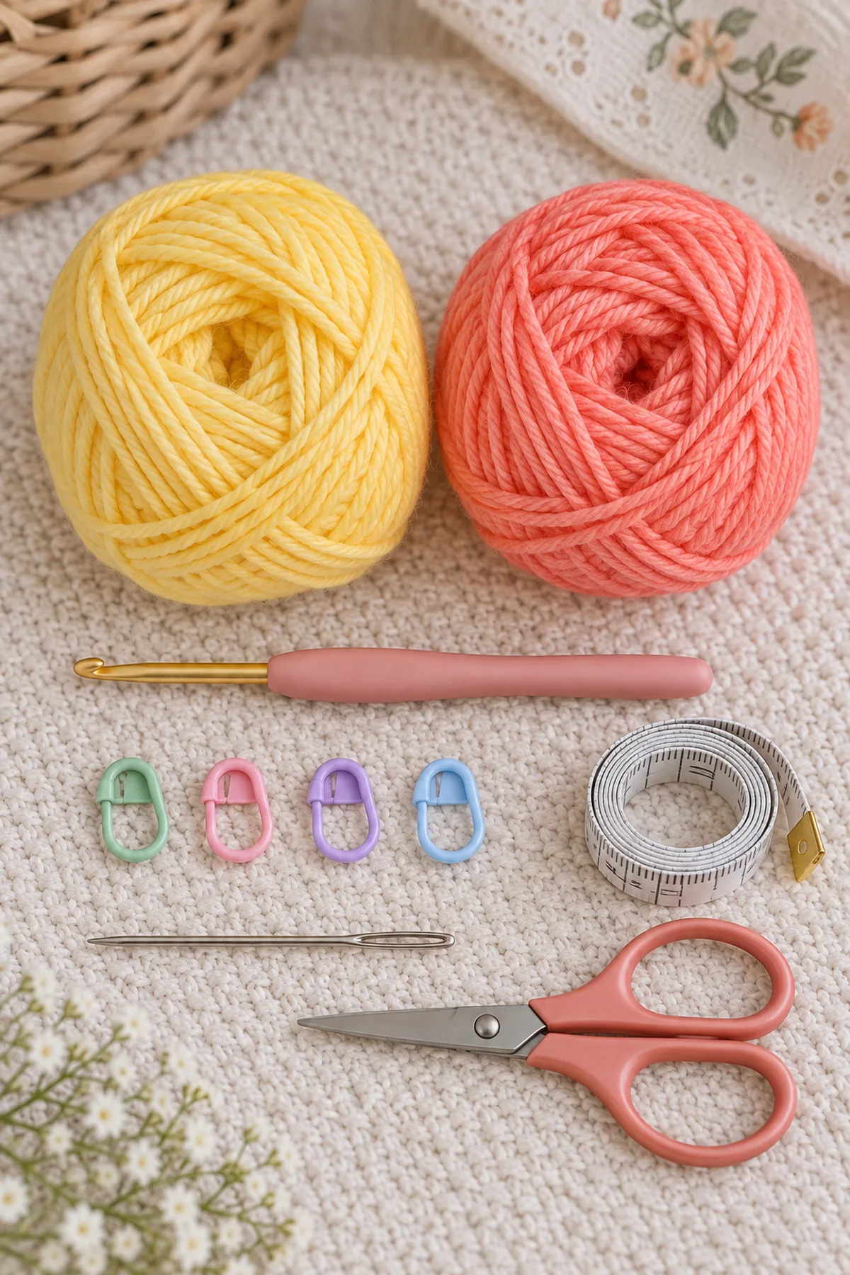 Lemon-yellow and sorbet-coral DK yarn, 3.5 mm hook, four markers, tape measure, needle, and scissors