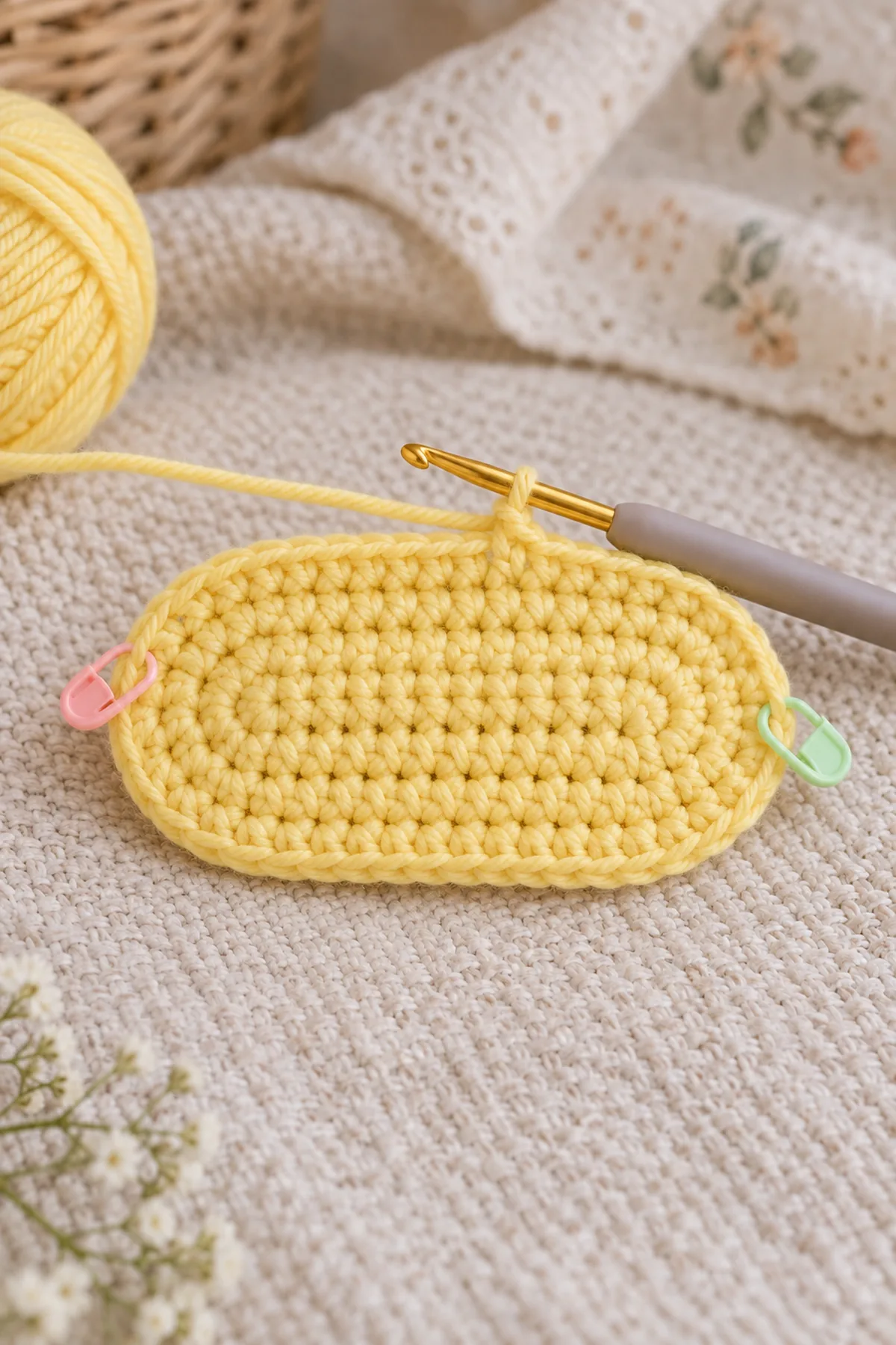 First counted lemon-yellow oval bootie sole with hook and stitch markers