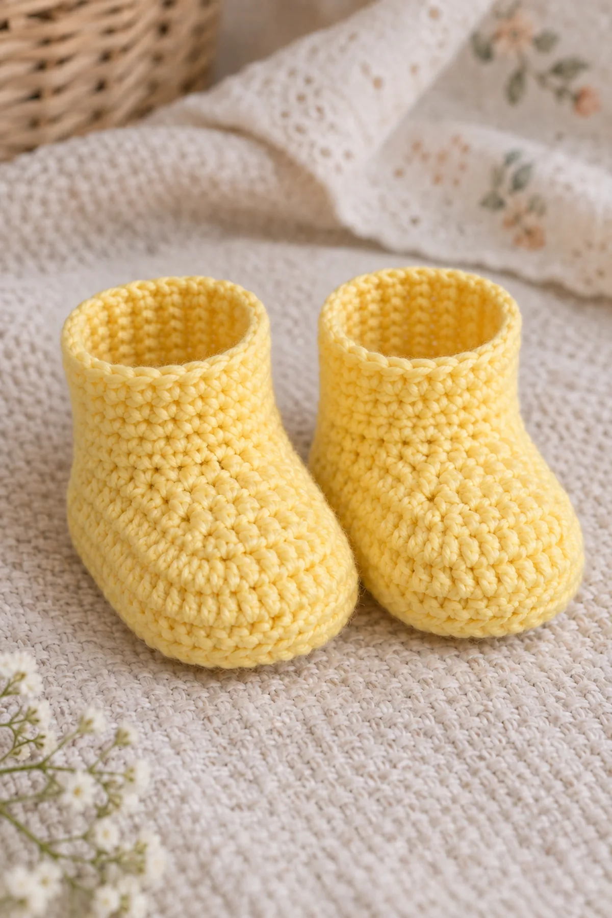 Pair of lemon-yellow bootie uppers after four marked toe decreases and before coral cuffs