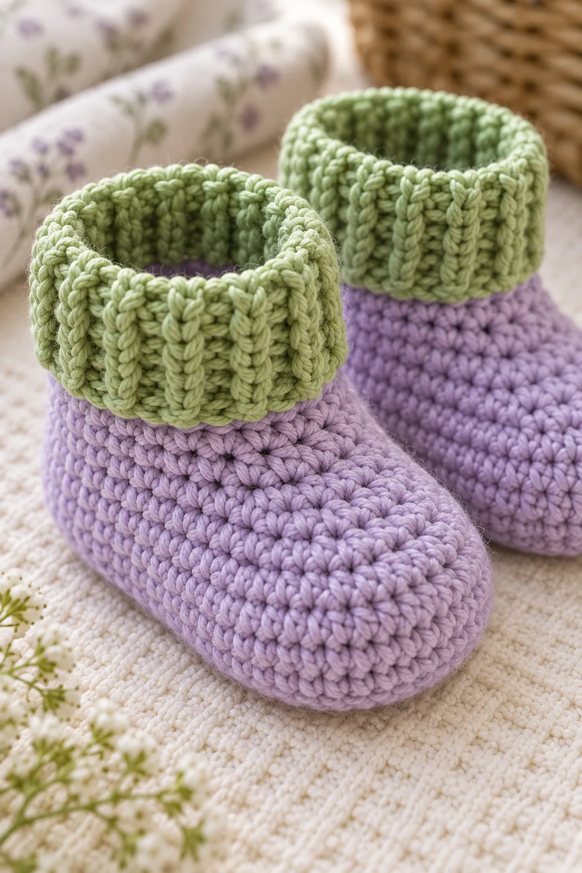 Close view of lilac toe shaping and stretchy meadow-green alternating-loop cuff