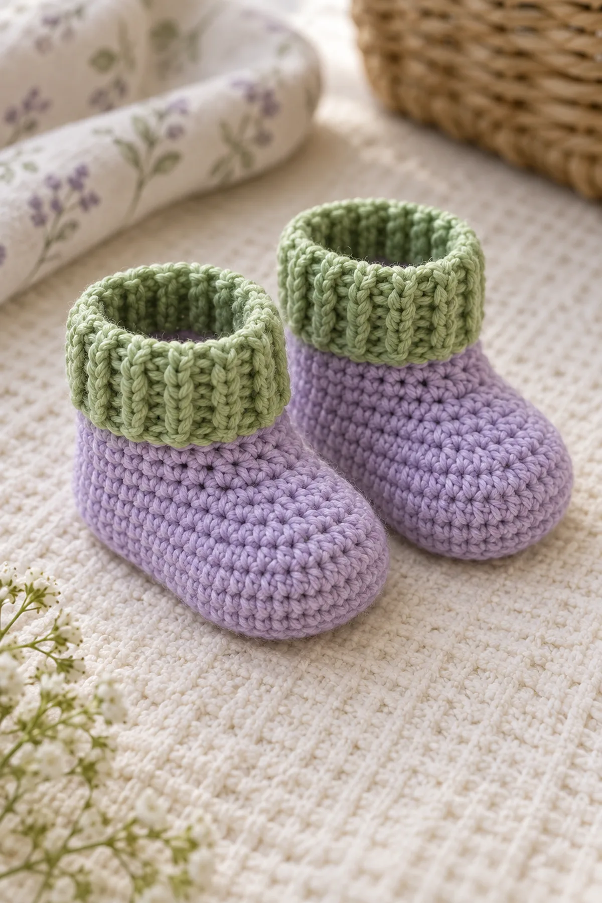 Matched pair of soft-lilac crochet newborn booties with shaped toes and meadow-green ribbed cuffs
