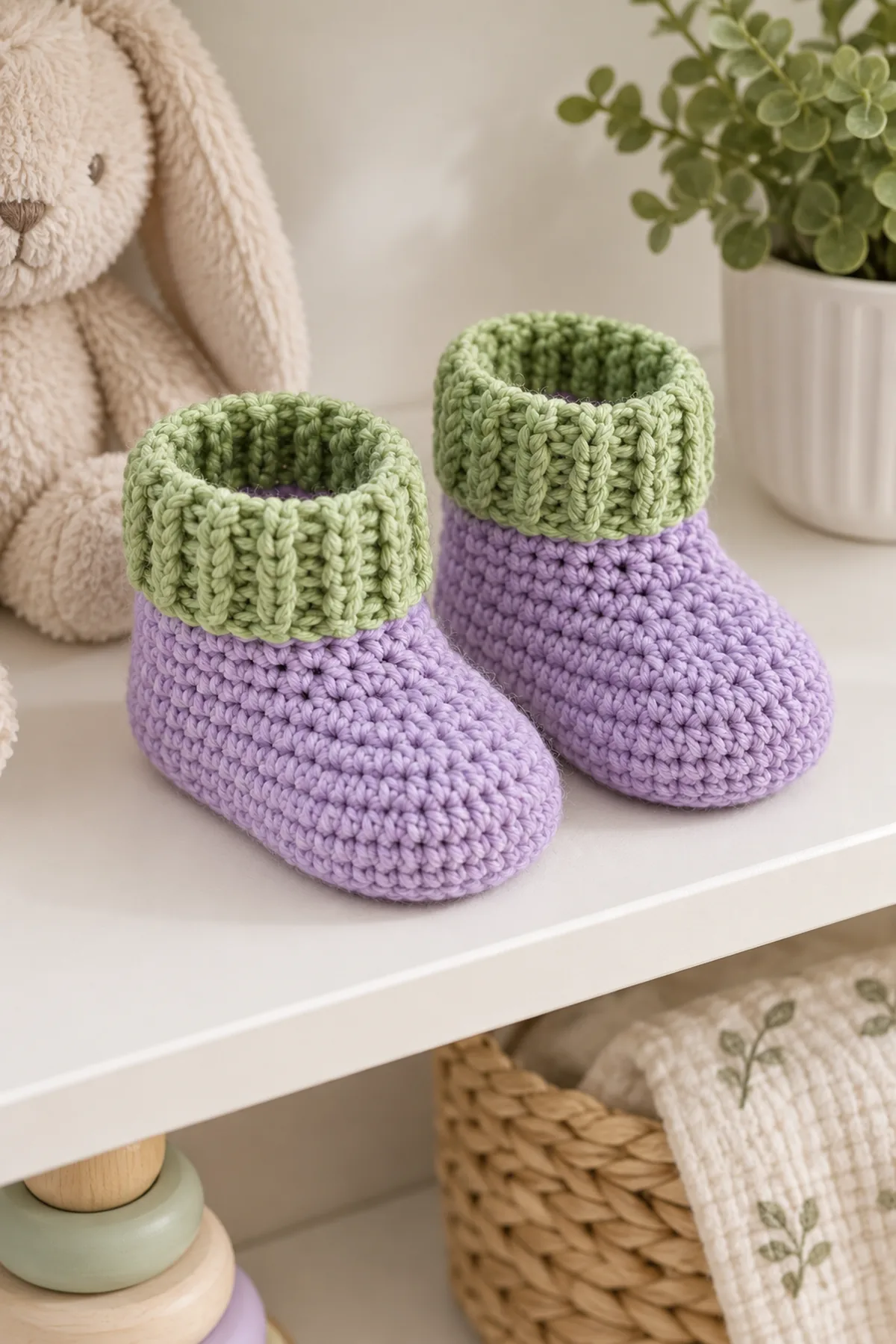 Matched lilac and meadow-green newborn booties displayed on a clean neutral nursery shelf