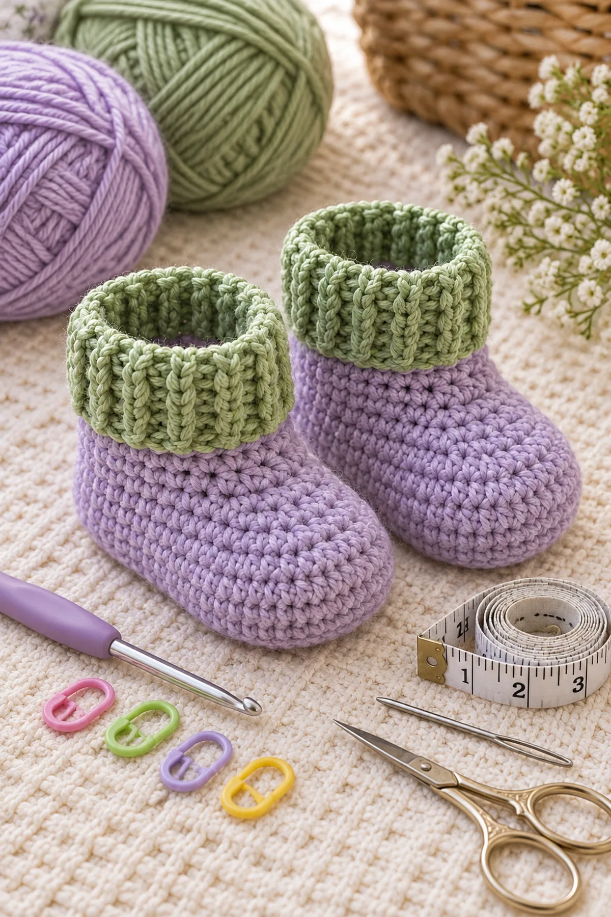 Lilac and meadow-green DK yarn, 3.5 mm hook, four markers, tape measure, needle, and scissors