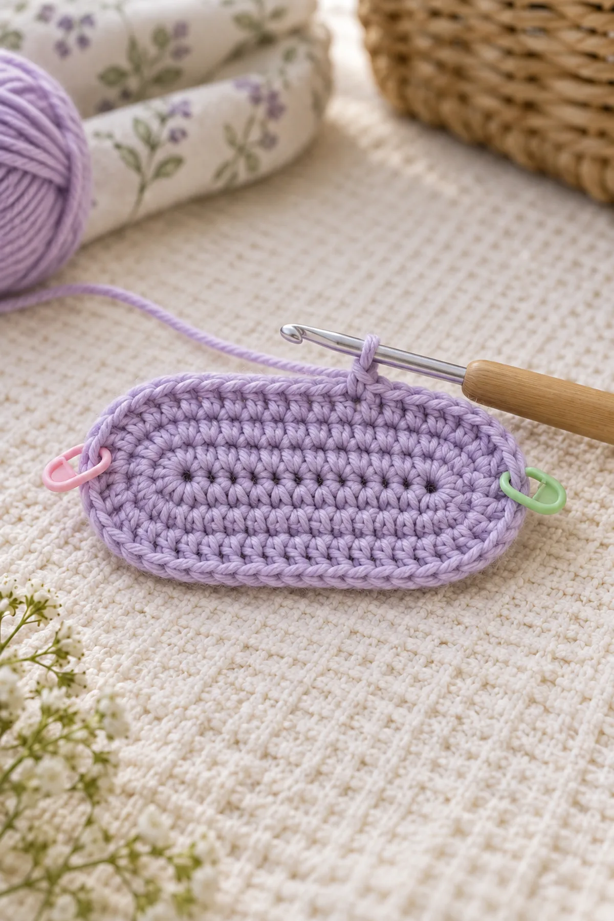 First counted lilac oval bootie sole with hook and stitch markers