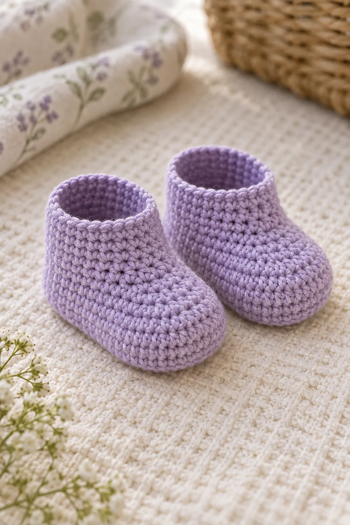 Pair of lilac bootie uppers after four marked toe decreases and before green cuffs