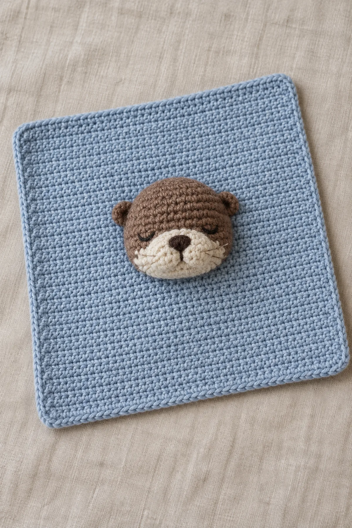 Finished mist-blue square crochet baby lovey with small chestnut otter head, rounded sewn ears, ivory embroidered muzzle, and sleepy yarn-embroidered eyes