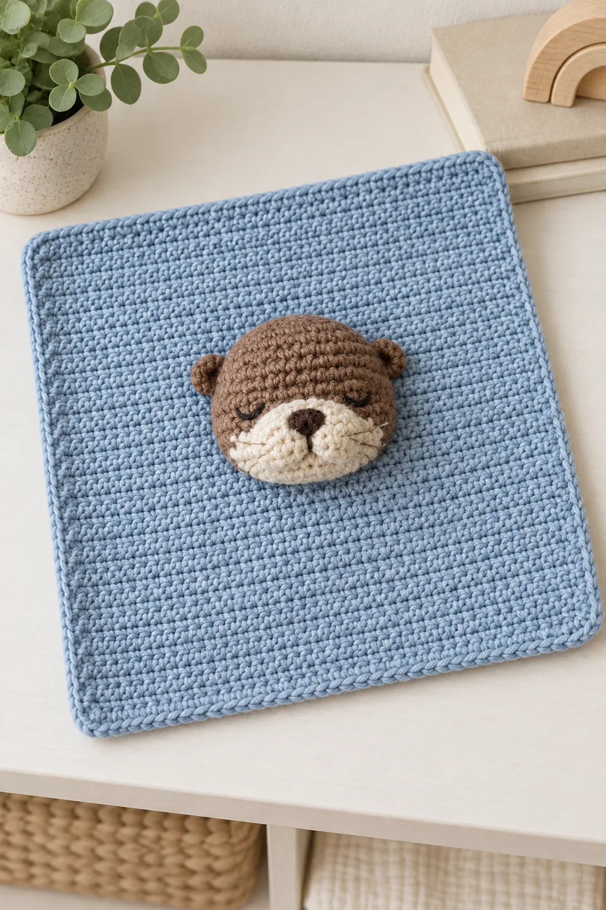 Finished mist-blue and chestnut crochet otter baby lovey laid flat on a bright neutral nursery surface without a baby or crib