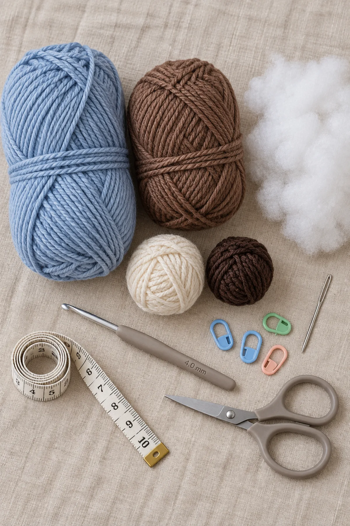 Mist-blue and chestnut washable DK yarn, ivory and dark brown embroidery yarn, washable stuffing, hook, stitch markers, needle, tape measure, and scissors
