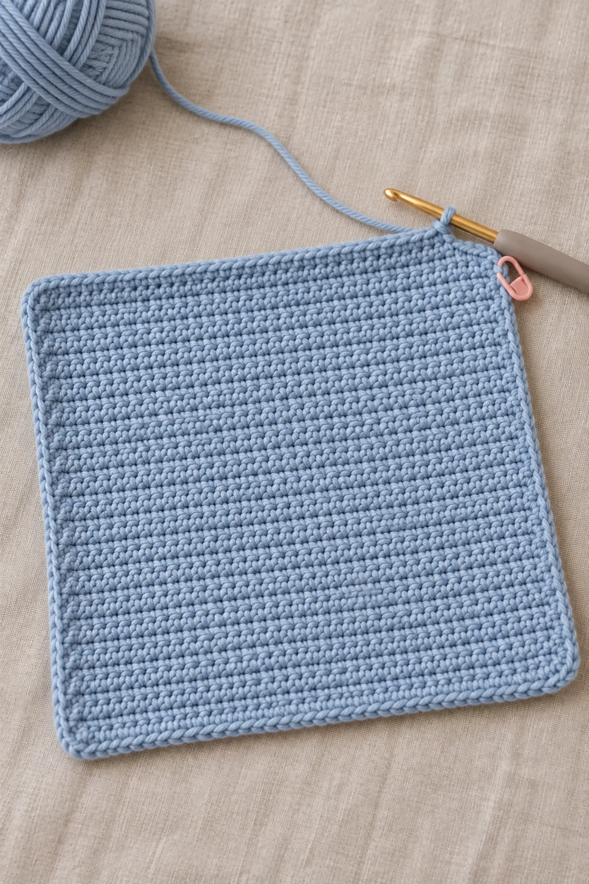 Mist-blue 42-stitch crochet comfort square in turned single-crochet rows with a marker and hook