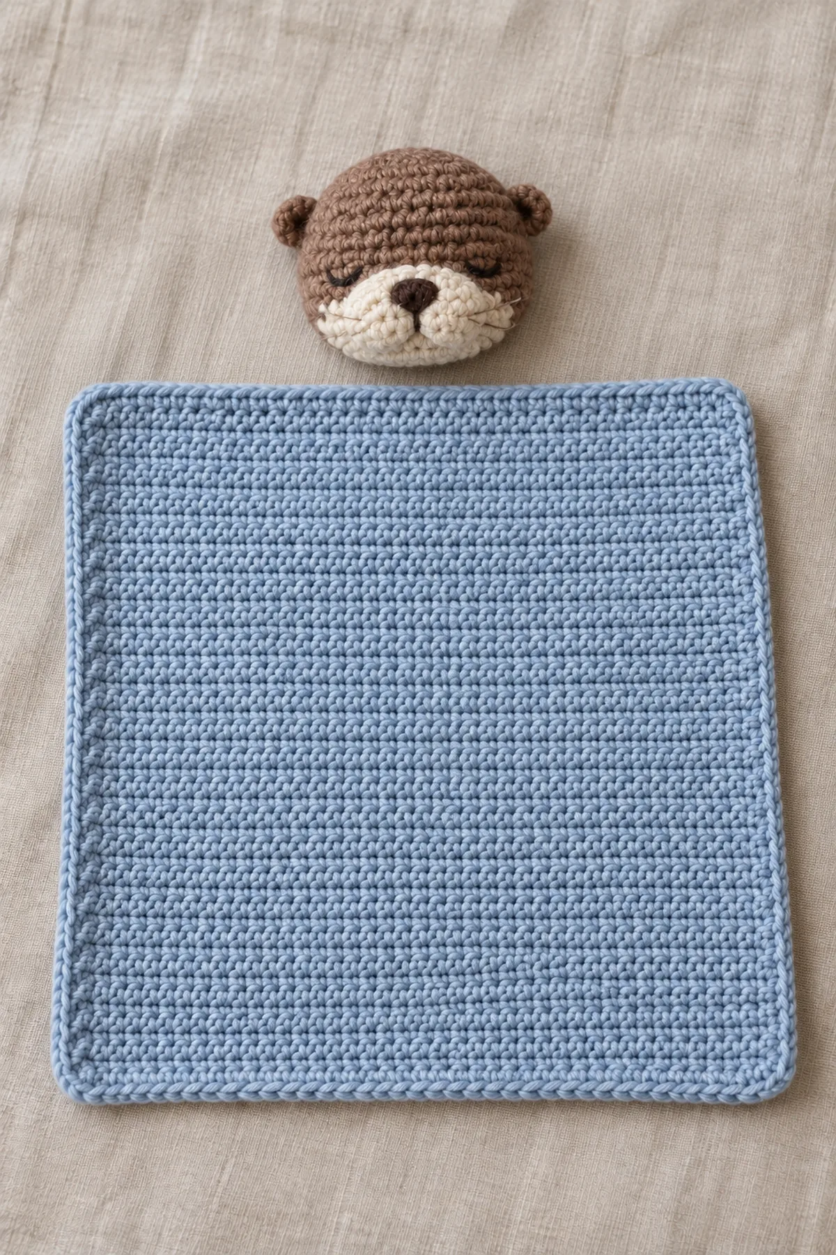 Separate chestnut 24-stitch otter head, two small flattened round ears, embroidered face materials, and finished mist-blue square before assembly