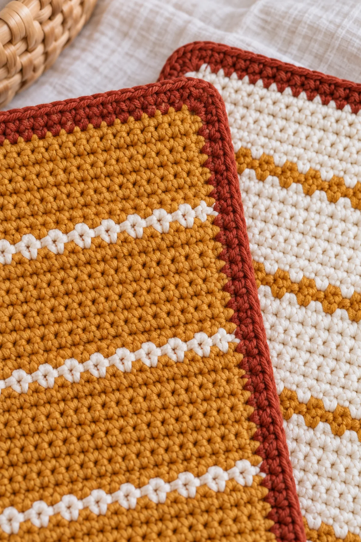 Close view of dense cotton single crochet, narrow seed stripe, woven color change, and rust corner border