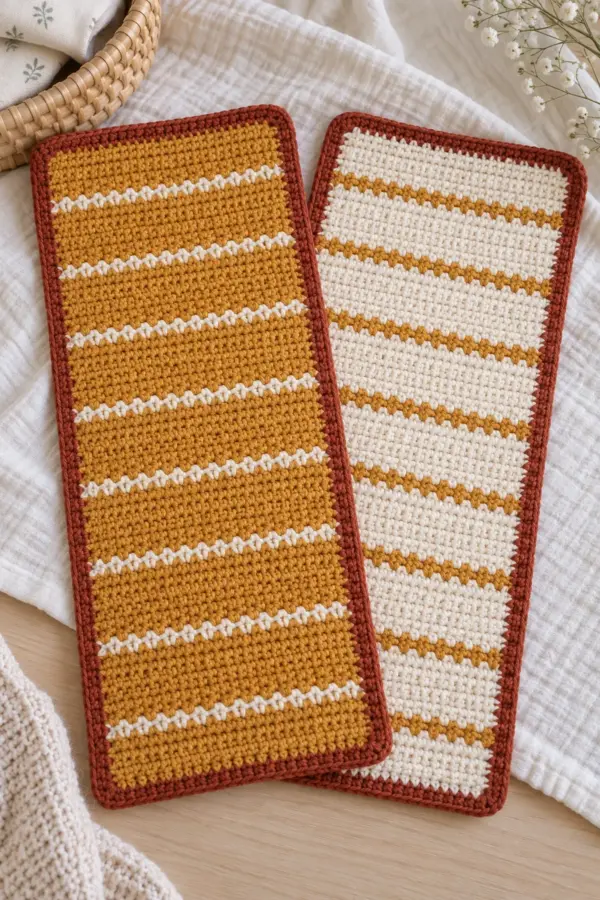 Coordinated pair of long cotton crochet baby burp cloths in maple gold and cream seed stripes with rust borders