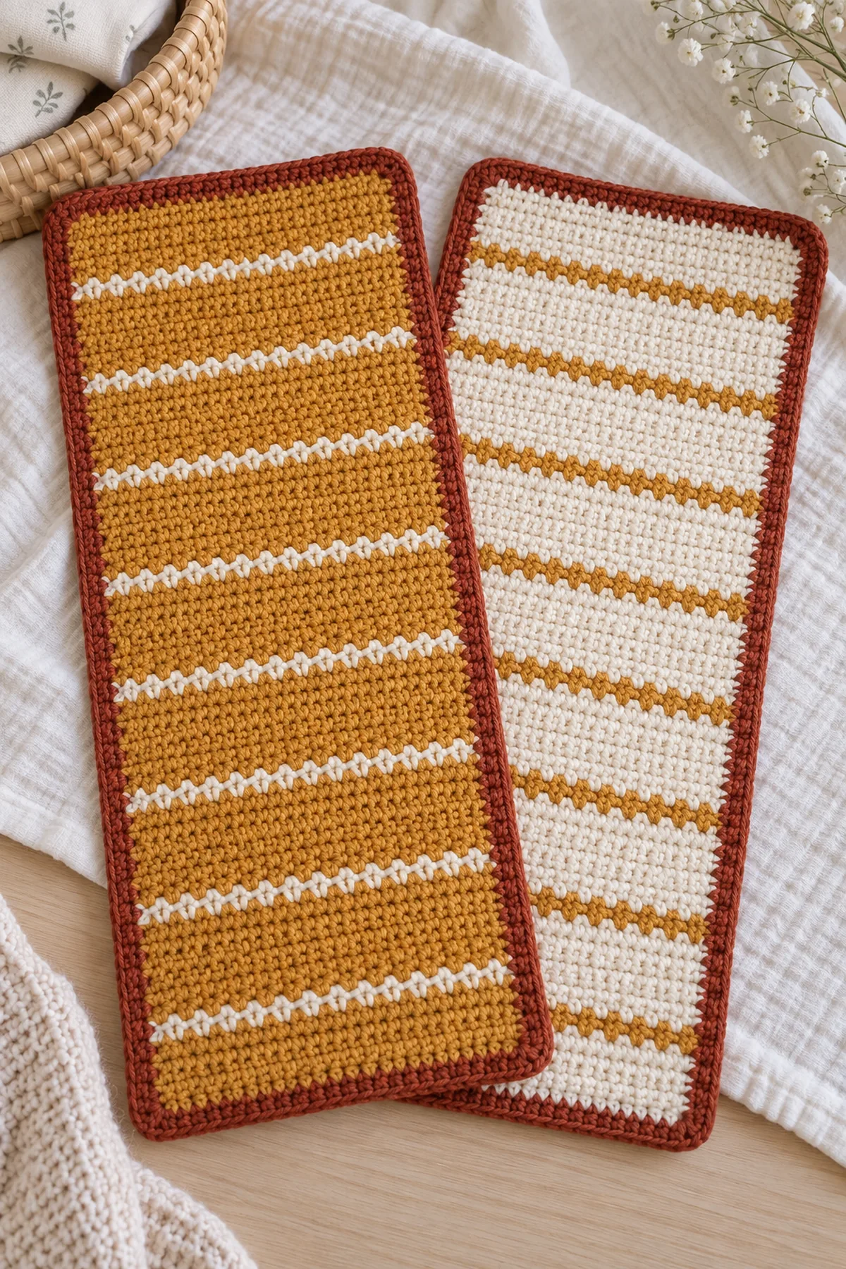 Coordinated pair of long cotton crochet baby burp cloths in maple gold and cream seed stripes with rust borders