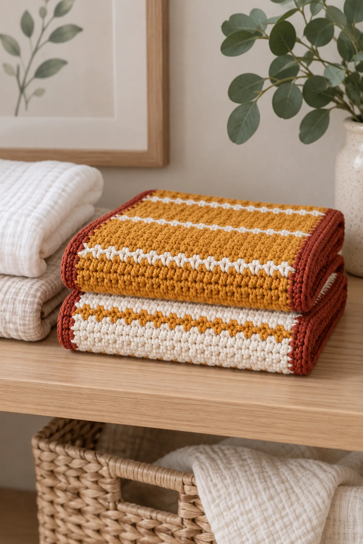 Finished maple seed baby burp cloth pair folded with plain muslin cloths on a clean nursery shelf