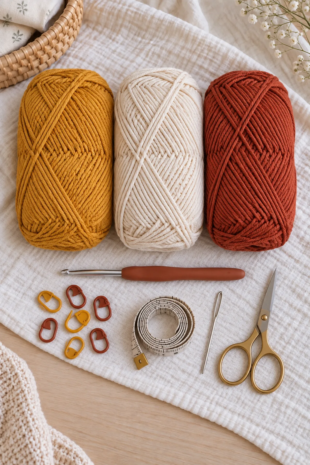 Maple-gold warm-cream and rust cotton DK yarn, 4 mm hook, markers, tape measure, needle, and scissors