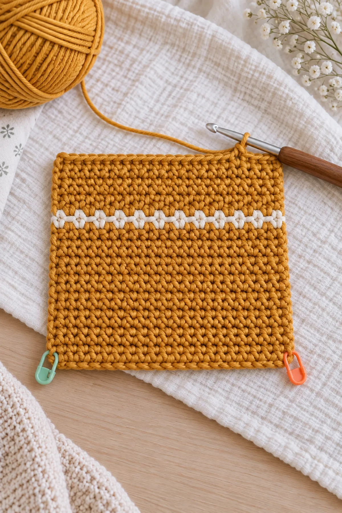 Early 30-stitch maple-gold cotton burp cloth with first narrow cream seed stripe