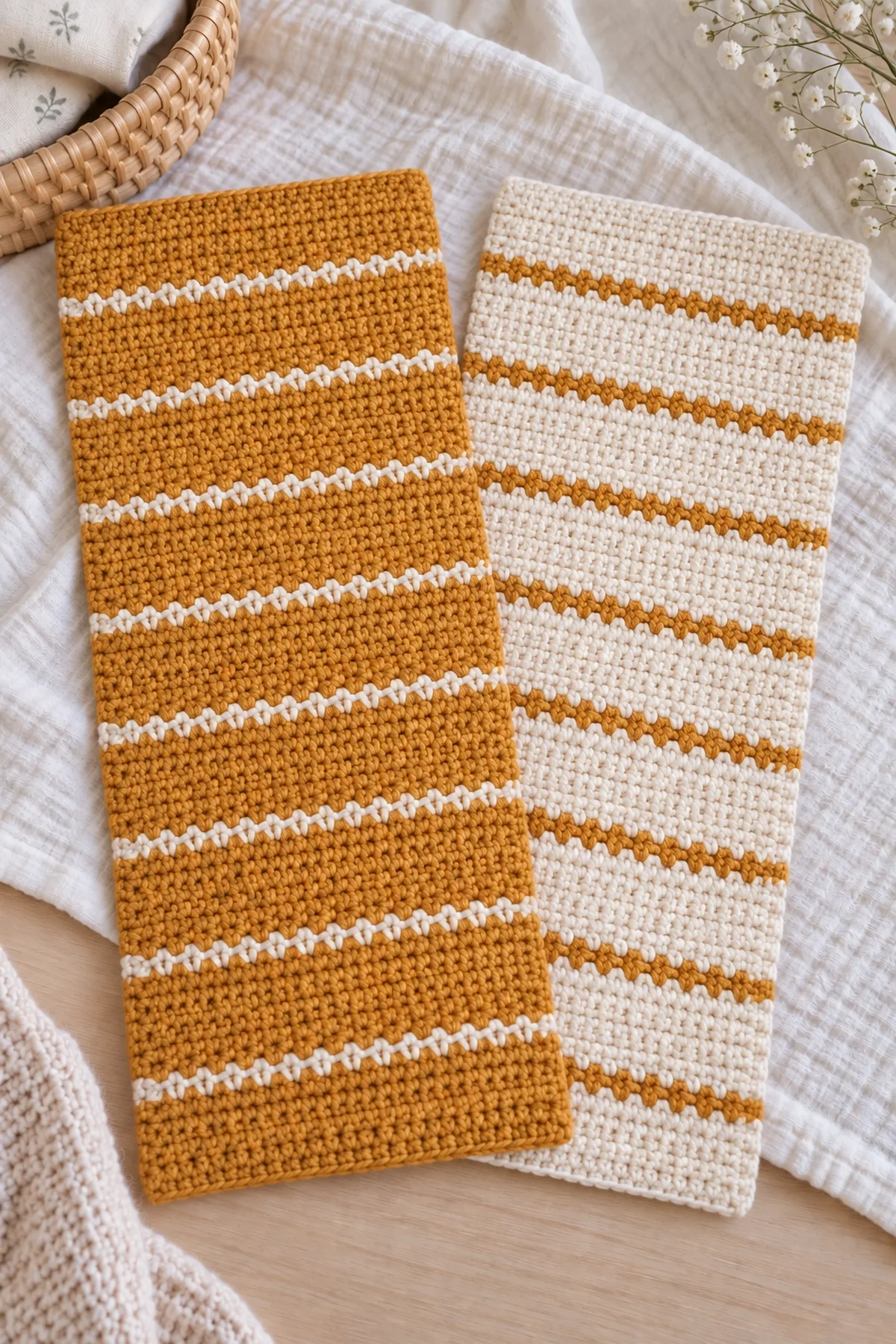 Two completed long maple-and-cream burp cloth rectangles before their rust borders