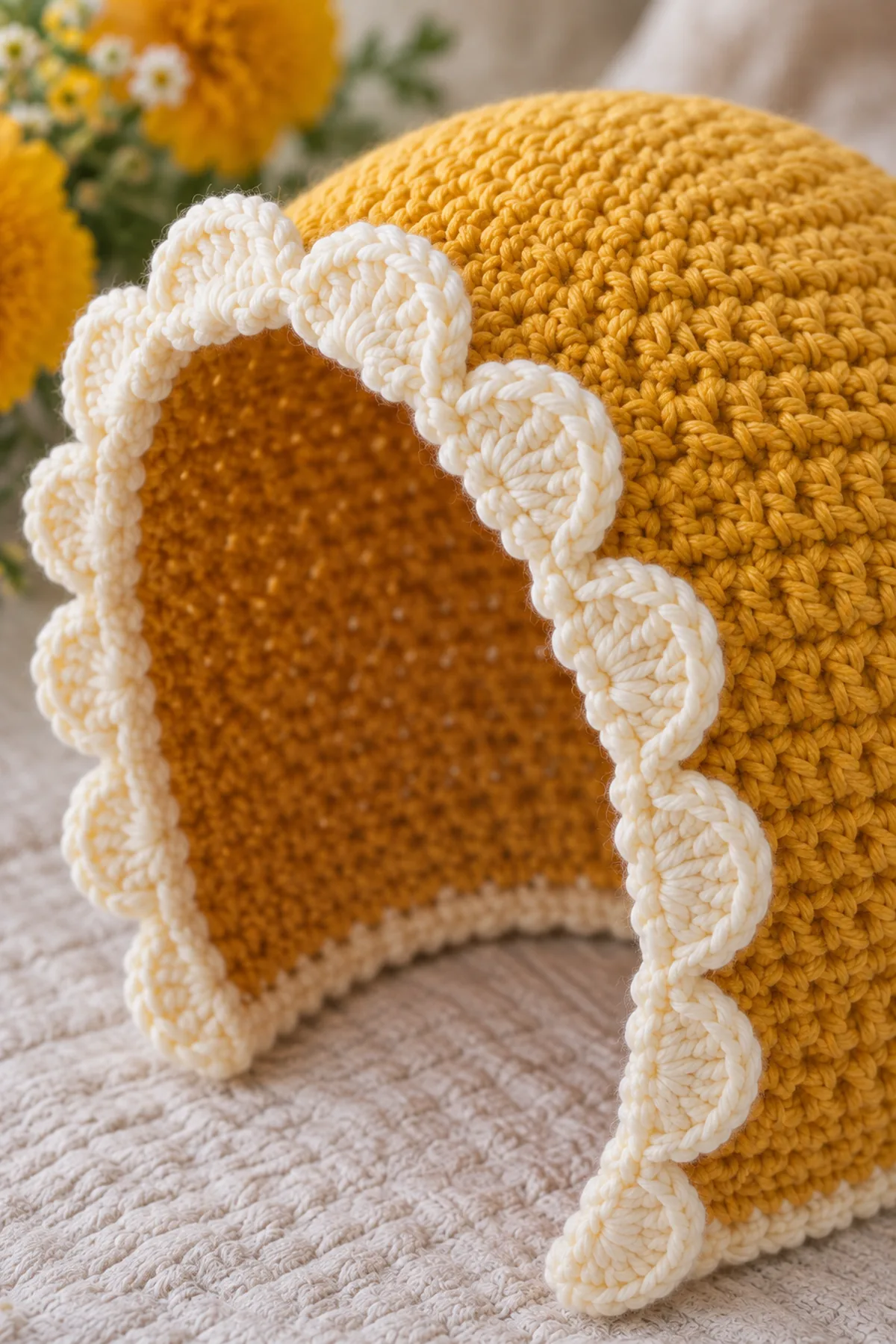 Close view of marigold crown stitches and the cream five-double-crochet scalloped face edge