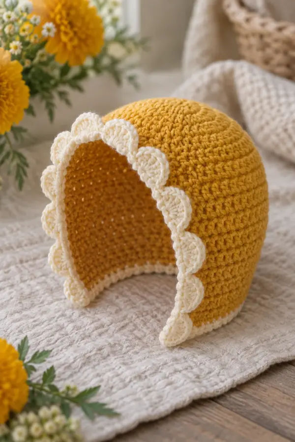Finished tie-free marigold crochet baby bonnet with open face and ten soft cream shell scallops