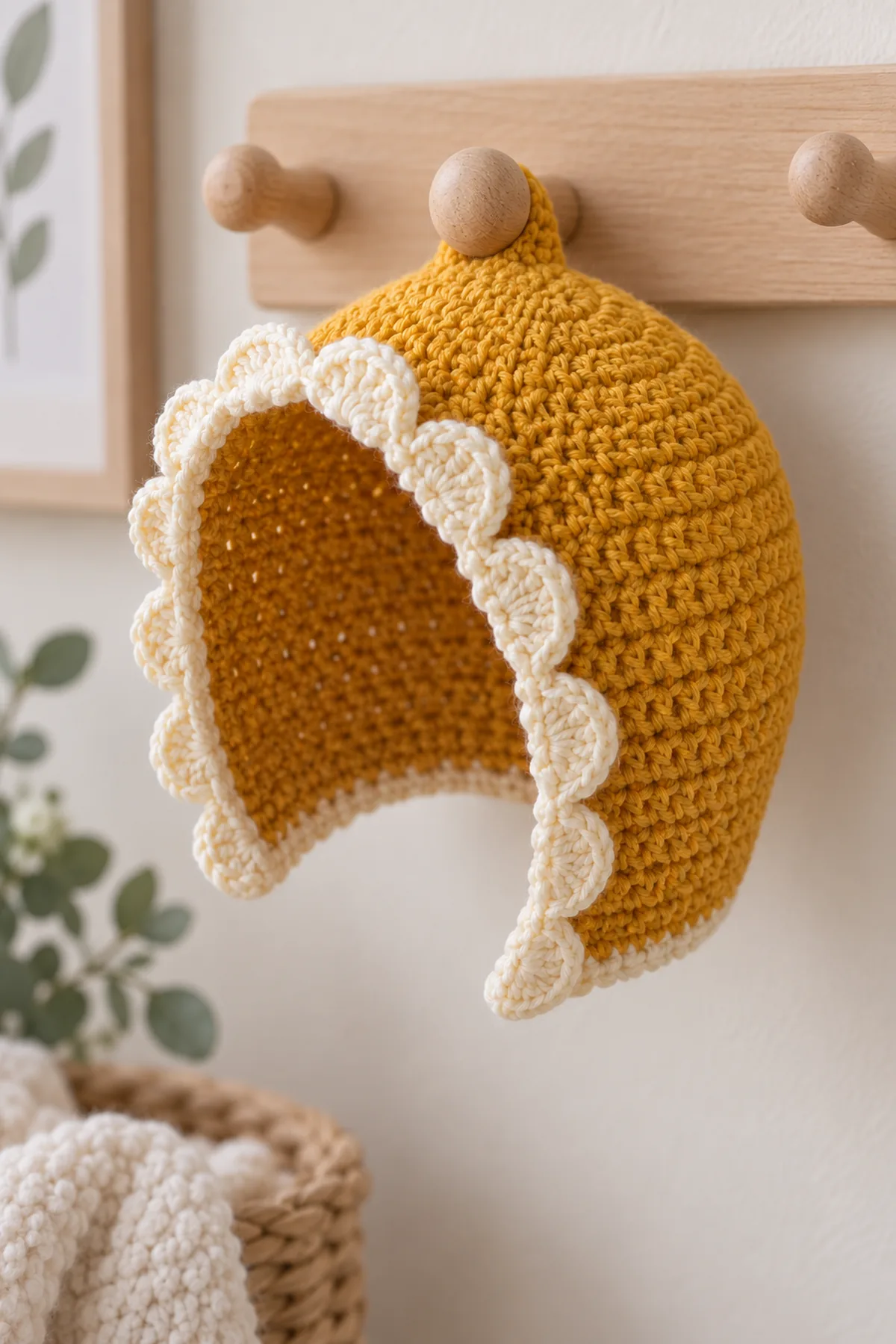 Finished marigold and cream scallop baby bonnet displayed on a plain nursery peg without a baby