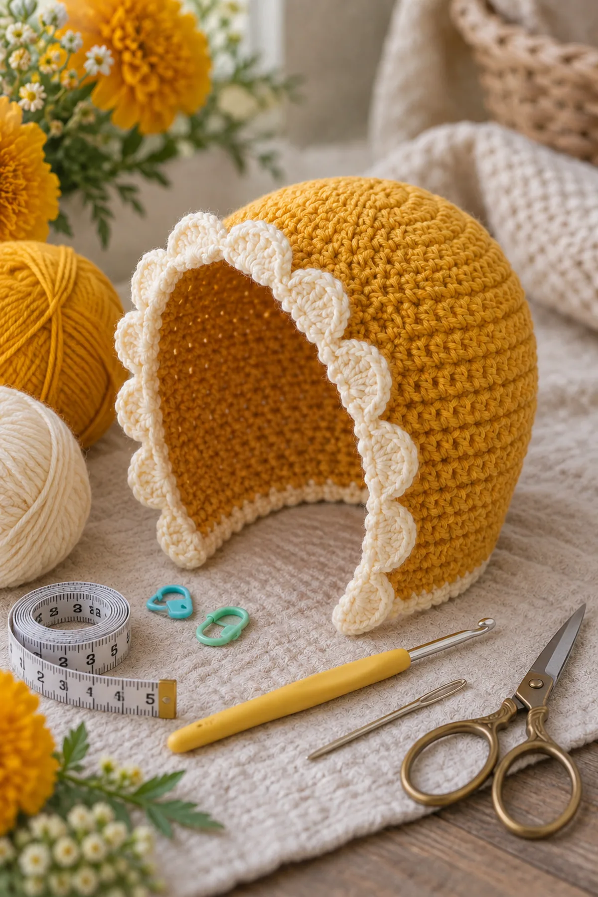 Marigold and cream DK yarn, 3.5 mm hook, two markers, tape measure, needle, and scissors