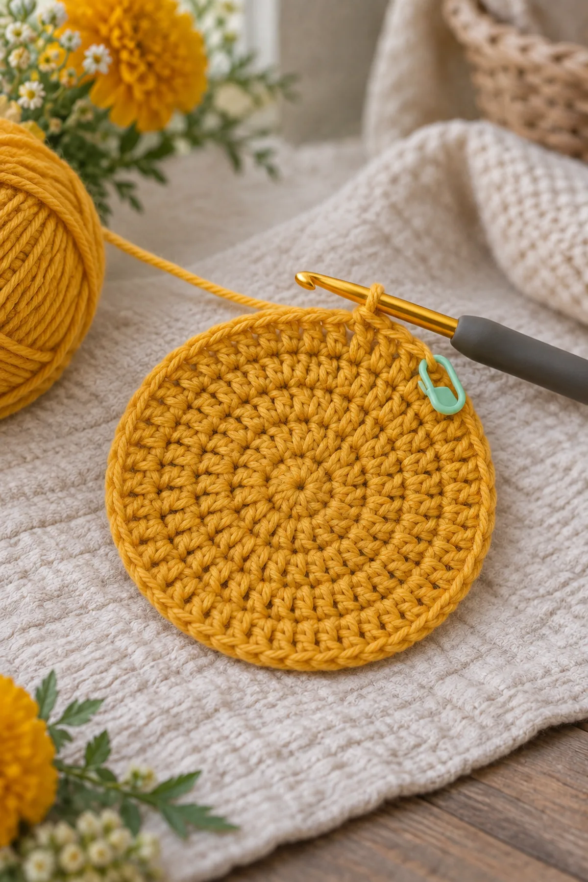 Flat marigold bonnet crown increased evenly to 40 stitches with marker and hook