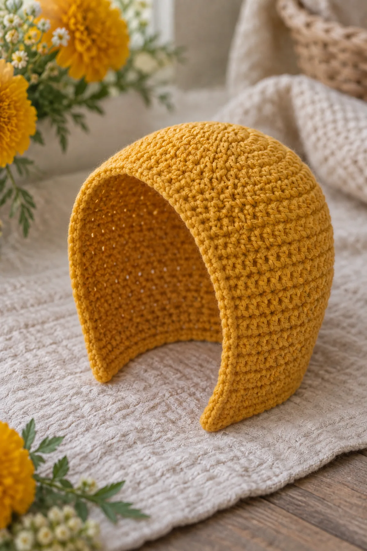 Unfinished marigold bonnet after straight depth rounds and before cream shell edging