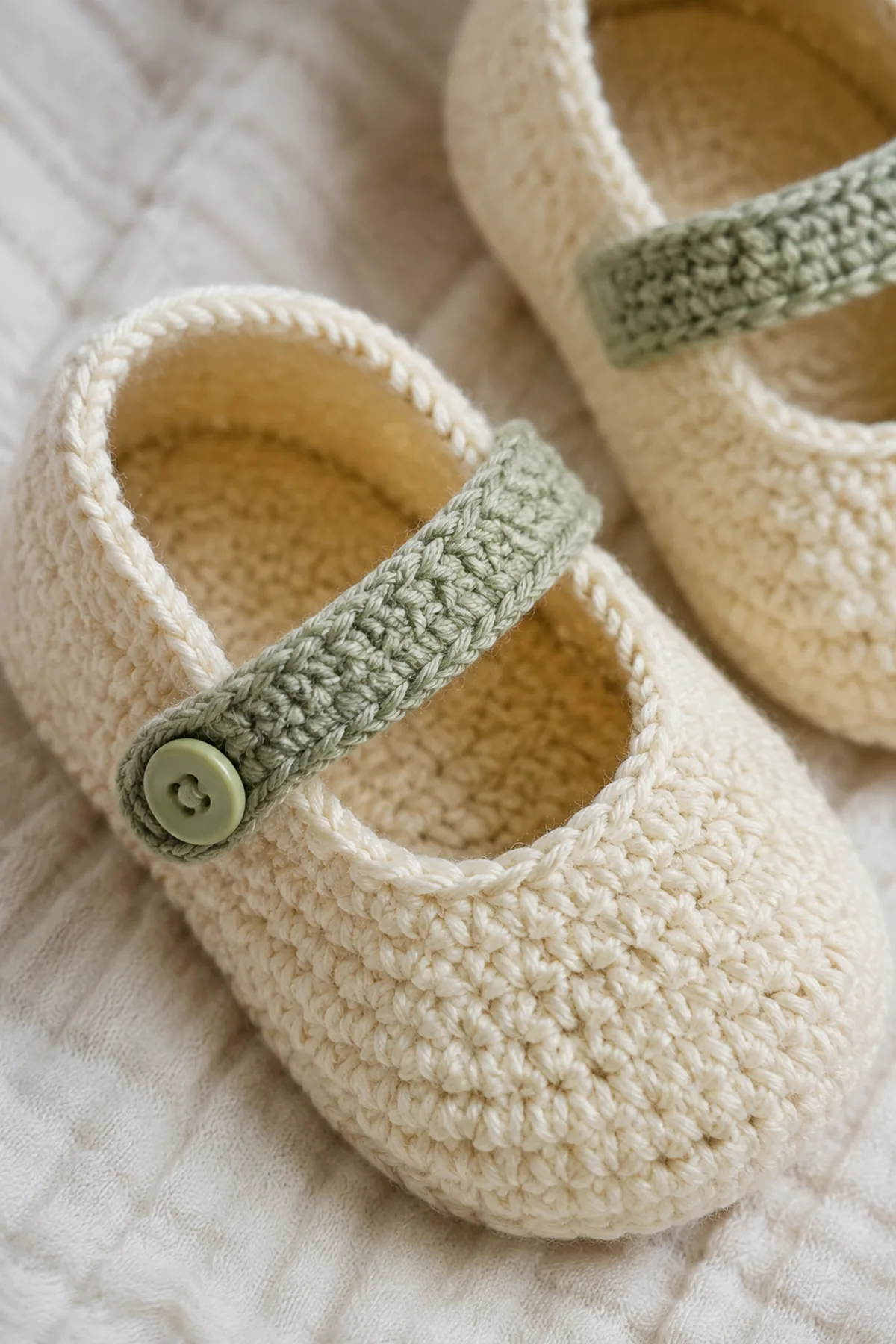 Close-up of the stitch texture and securely finished details on crochet mary jane baby shoes