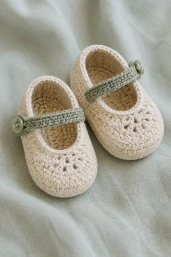 Finished crochet mary jane baby shoes in soft cream and sage yarn on a neutral nursery surface
