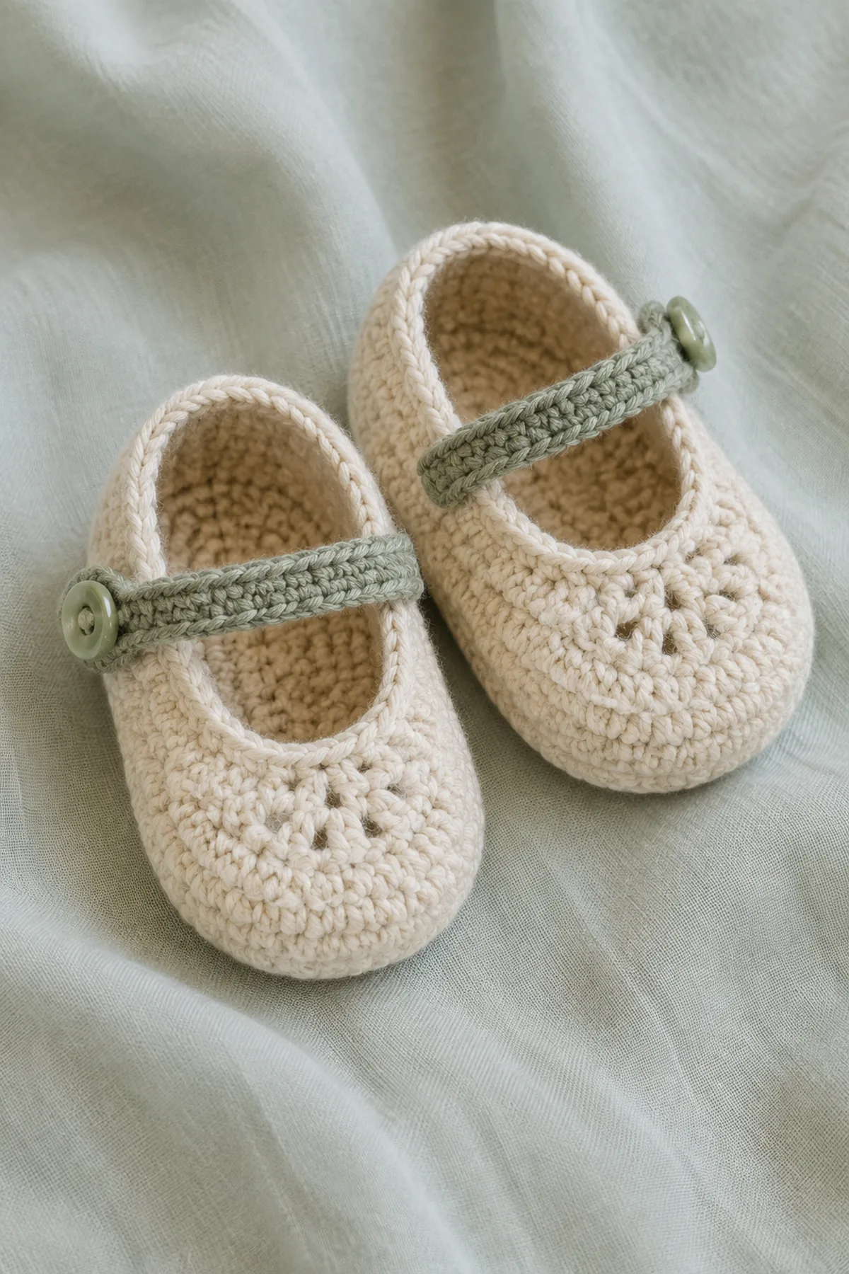 Finished crochet mary jane baby shoes in soft cream and sage yarn on a neutral nursery surface